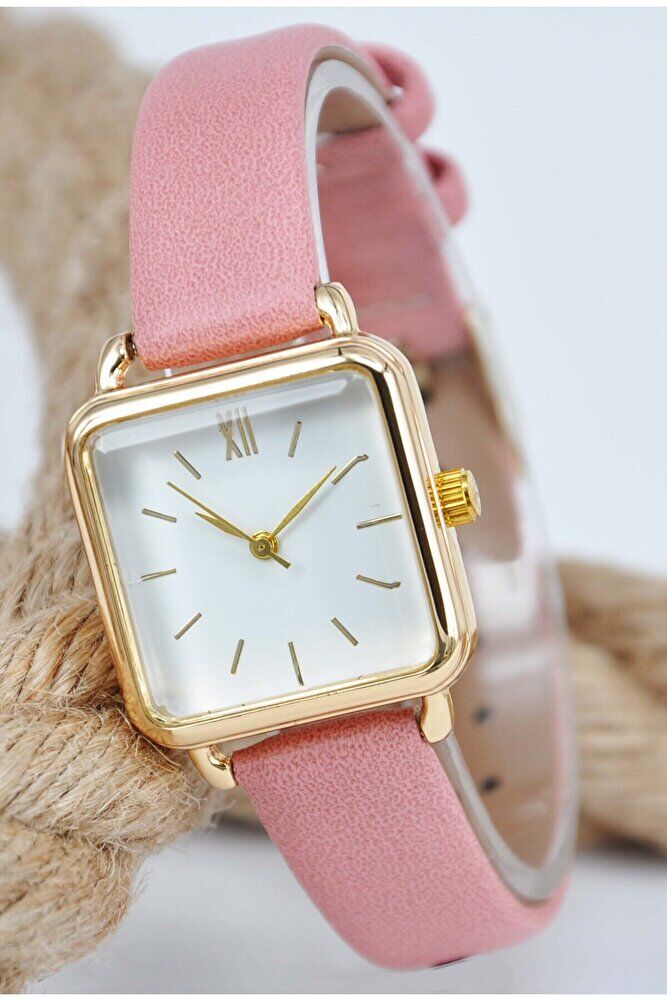 Altın Renk Kare Kasa Pembe Deri Kordonlu Şık Sade Kadın Kol Saati STA-064