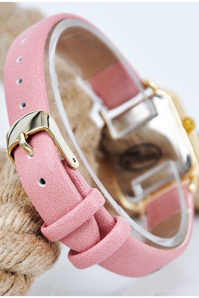 Altın Renk Kare Kasa Pembe Deri Kordonlu Şık Sade Kadın Kol Saati STA-064