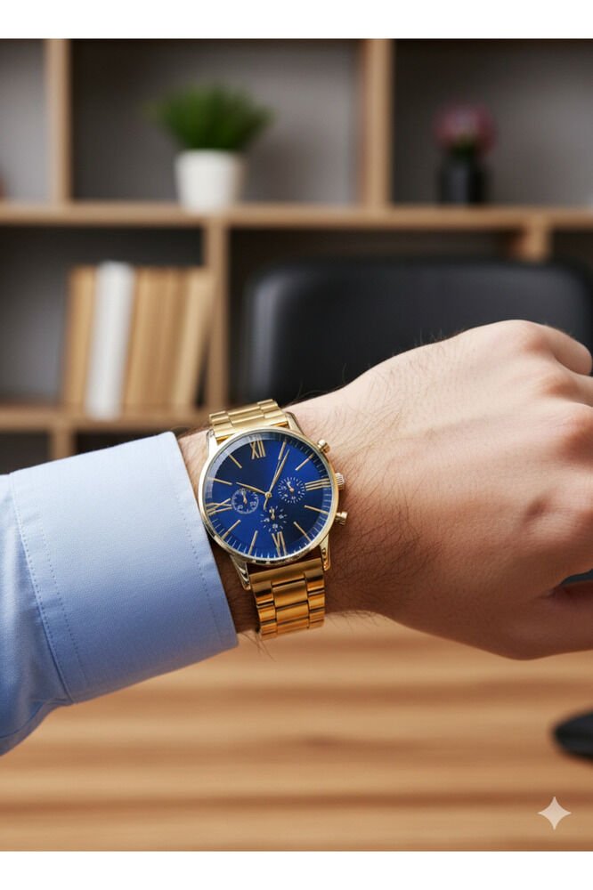 Roma Rakamlı Klasik Yetişkin Erkek Kol Saati Altın Renk Mavi Kadran Şık Sade Analog