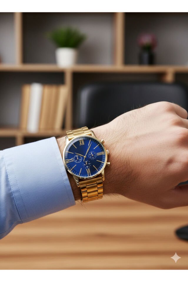 Roma Rakamlı Klasik Yetişkin Erkek Kol Saati Altın Renk Mavi Kadran Şık Sade Analog