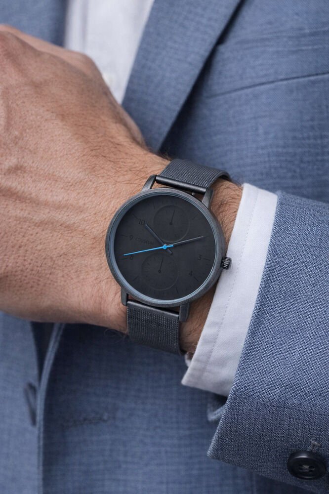 Füme Renk Hasır Kordonlu Mavi Detay Analog Yetişkin Şık Erkek Modern Analog Quartz Kol Saati