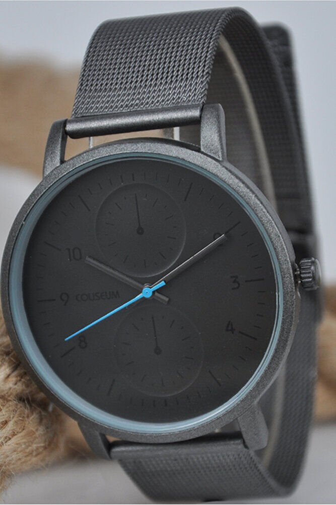 Füme Renk Hasır Kordonlu Mavi Detay Analog Yetişkin Şık Erkek Modern Analog Quartz Kol Saati