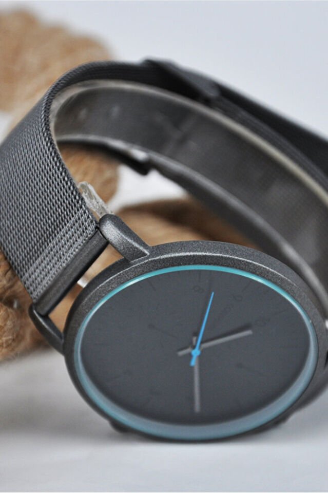 Füme Renk Hasır Kordonlu Mavi Detay Analog Yetişkin Şık Erkek Modern Analog Quartz Kol Saati