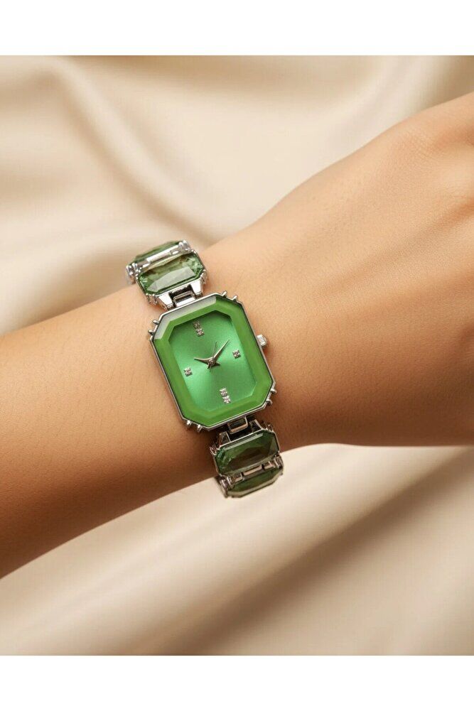 Gümüş Renk Yeşil Zirkon Taş Detay Kordonlu Şık Sade Genç Kız Kadın Quartz Model Yeni Kol Saati