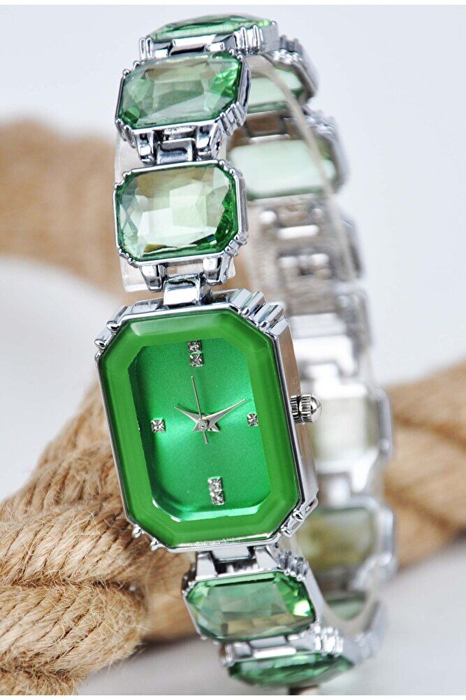 Gümüş Renk Yeşil Zirkon Taş Detay Kordonlu Şık Sade Genç Kız Kadın Quartz Model Yeni Kol Saati