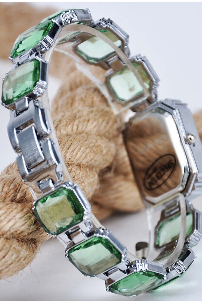 Gümüş Renk Yeşil Zirkon Taş Detay Kordonlu Şık Sade Genç Kız Kadın Quartz Model Yeni Kol Saati