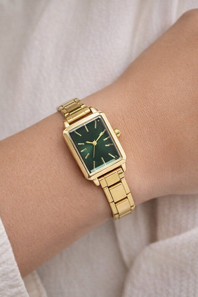 Altın Renk Dikdörtgen Kasa Yeşil Kadran Esnek Kordonlu Şık Zarif Genç Kız Kadın Kol Saati