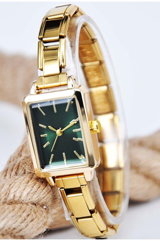 Altın Renk Dikdörtgen Kasa Yeşil Kadran Esnek Kordonlu Şık Zarif Genç Kız Kadın Kol Saati
