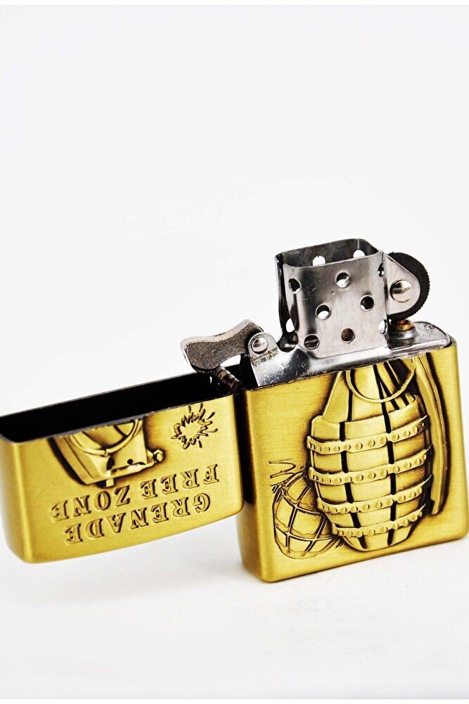Altın Renk El Bombası Figürlü Klasik Benzinli Çakmak