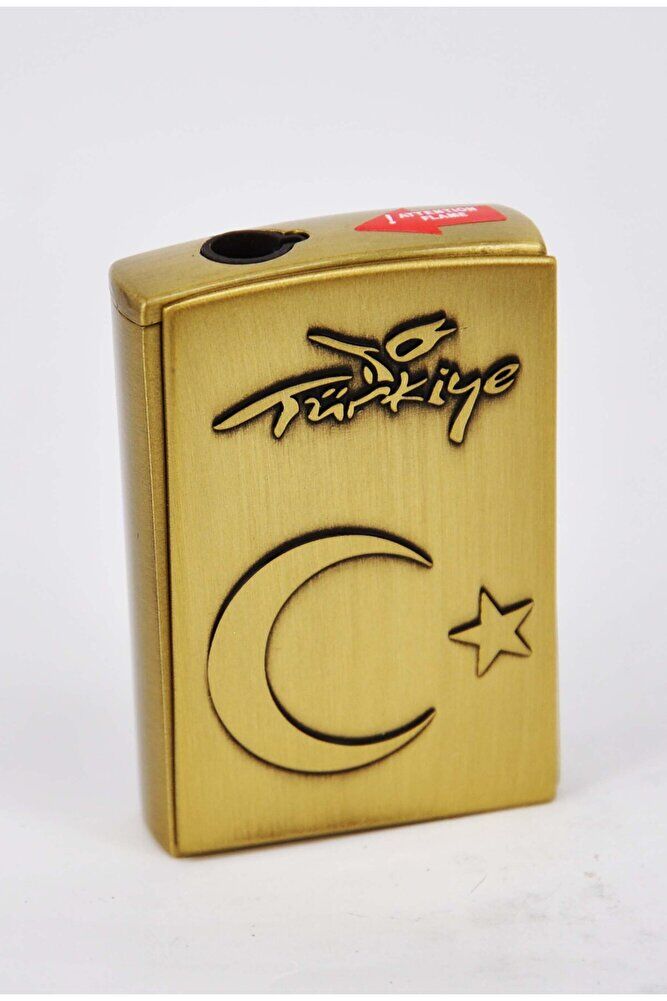 Türk Bayraklı Bakır Renk Klasik Kaydırmalı Açılan Gazlı Çakmak