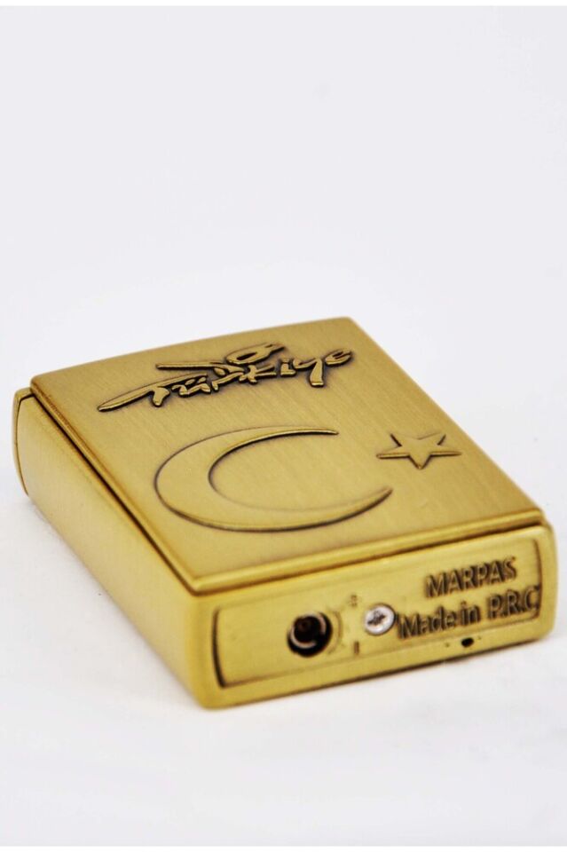 Türk Bayraklı Bakır Renk Klasik Kaydırmalı Açılan Gazlı Çakmak