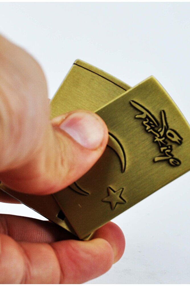 Türk Bayraklı Bakır Renk Klasik Kaydırmalı Açılan Gazlı Çakmak