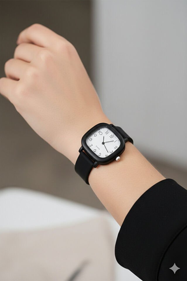 Siyah Renk Silikon Kordonlu Şık Şirin Tasarım Rakamlı Çocuk-Kadın Quartz Analog Kol Saati