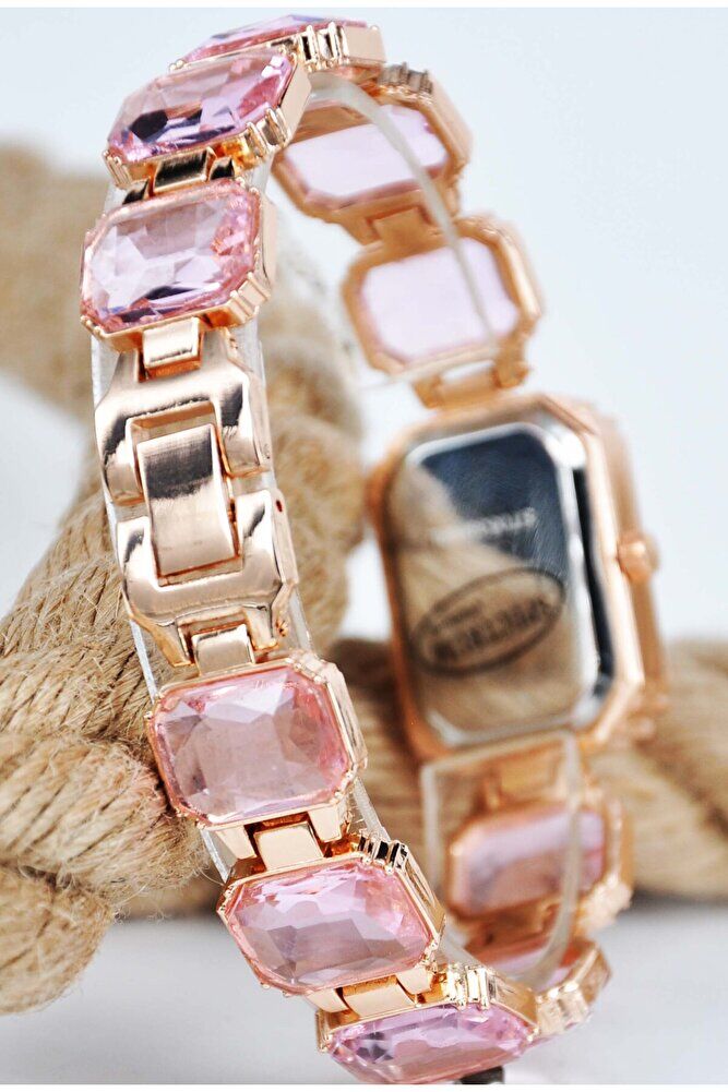Bakır Renk Pembe Zirkon Taşlı Kordon Detaylı Şık Sade Genç Kız Kadın Zarif Şık Kol Saati