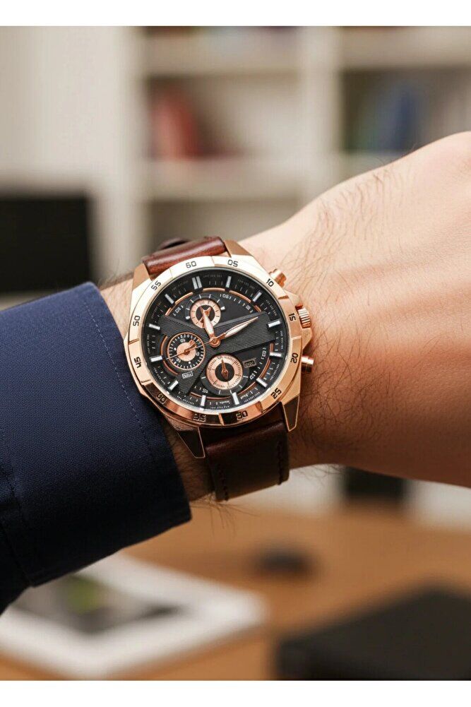 Bakır Renk Kasa Kahverengi Deri Kordonlu Şık Klasik Erkek Kol Saati