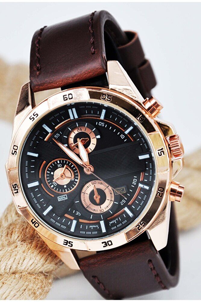 Bakır Renk Kasa Kahverengi Deri Kordonlu Şık Klasik Erkek Kol Saati