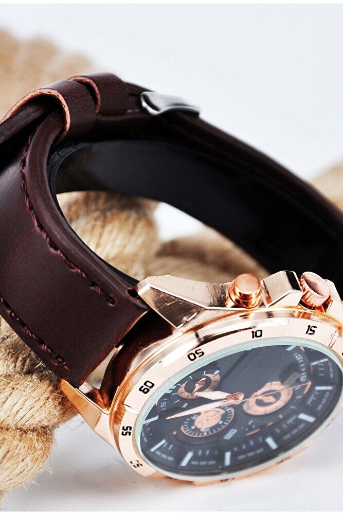 Bakır Renk Kasa Kahverengi Deri Kordonlu Şık Klasik Erkek Kol Saati