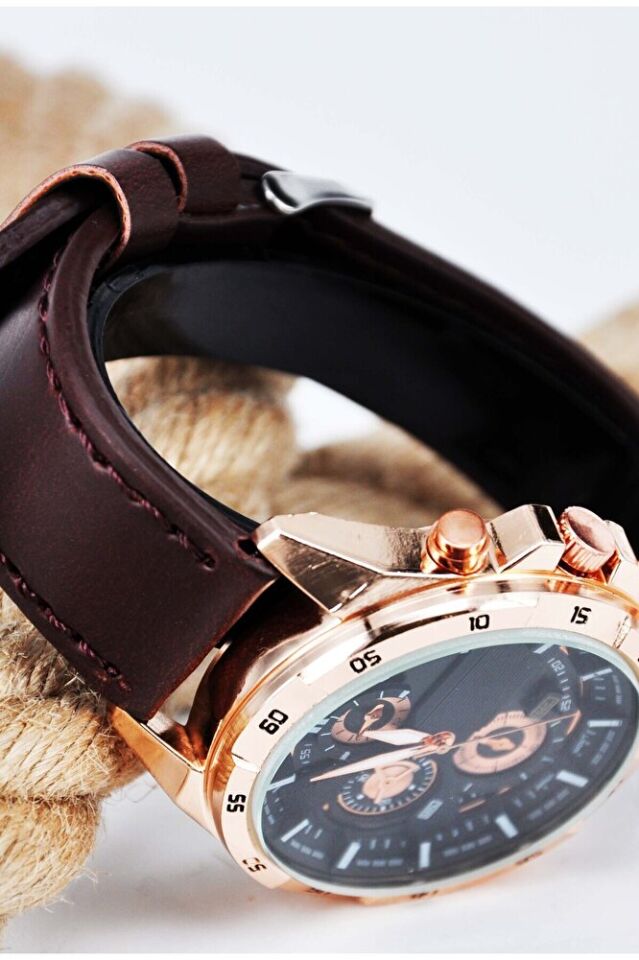 Bakır Renk Kasa Kahverengi Deri Kordonlu Şık Klasik Erkek Kol Saati