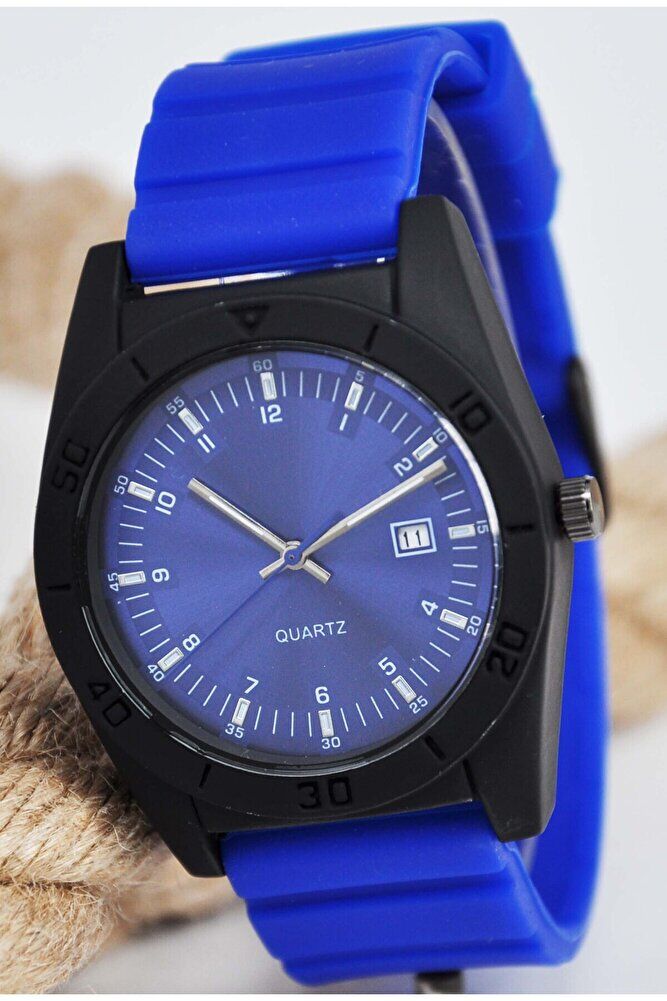 Takvimli Mavi Silikon Kordonlu Şık Analog Genç Kız Kadın Spor Günlük Quartz Kol Saati