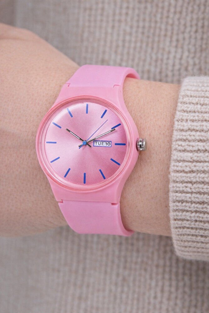 Takvimli Pembe Silikon Kordonlu Şık Sade Genç Kız Kadın Gün Göstergeli Analog Spor Günlük Kol Saati