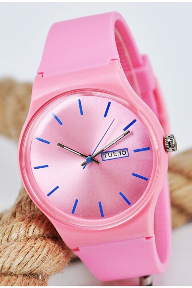 Takvimli Pembe Silikon Kordonlu Şık Sade Genç Kız Kadın Gün Göstergeli Analog Spor Günlük Kol Saati