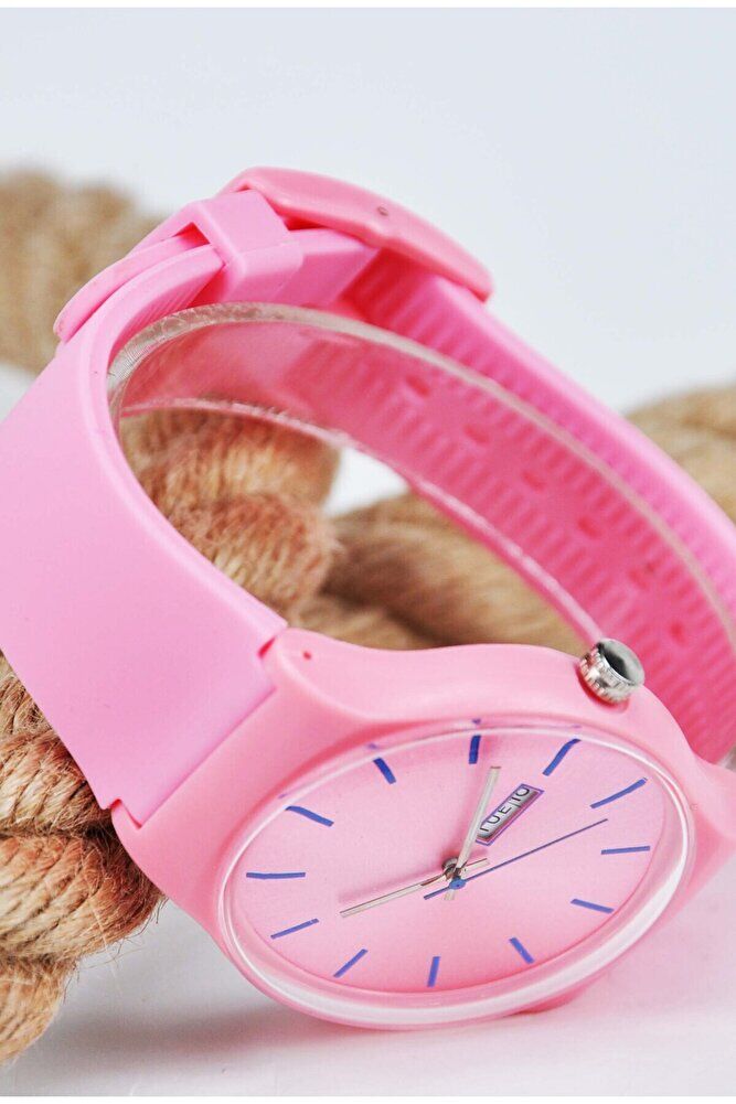 Takvimli Pembe Silikon Kordonlu Şık Sade Genç Kız Kadın Gün Göstergeli Analog Spor Günlük Kol Saati