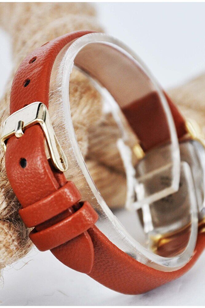 Gold Renk Oval Kasa Kahverengi Deri Kordonlu Minimal Şık Analog Genç Kız Kadın Kol Saati