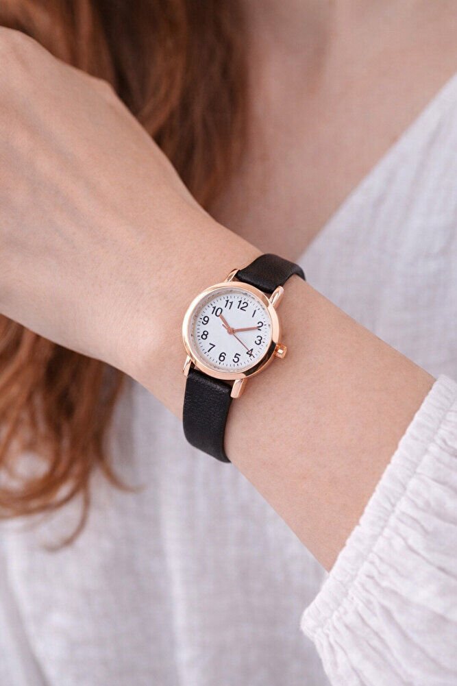 Şık Sade Bakır Renk Kasa Siyah Deri Kordon Klasik Analog Günlük Kadın Kol Saati