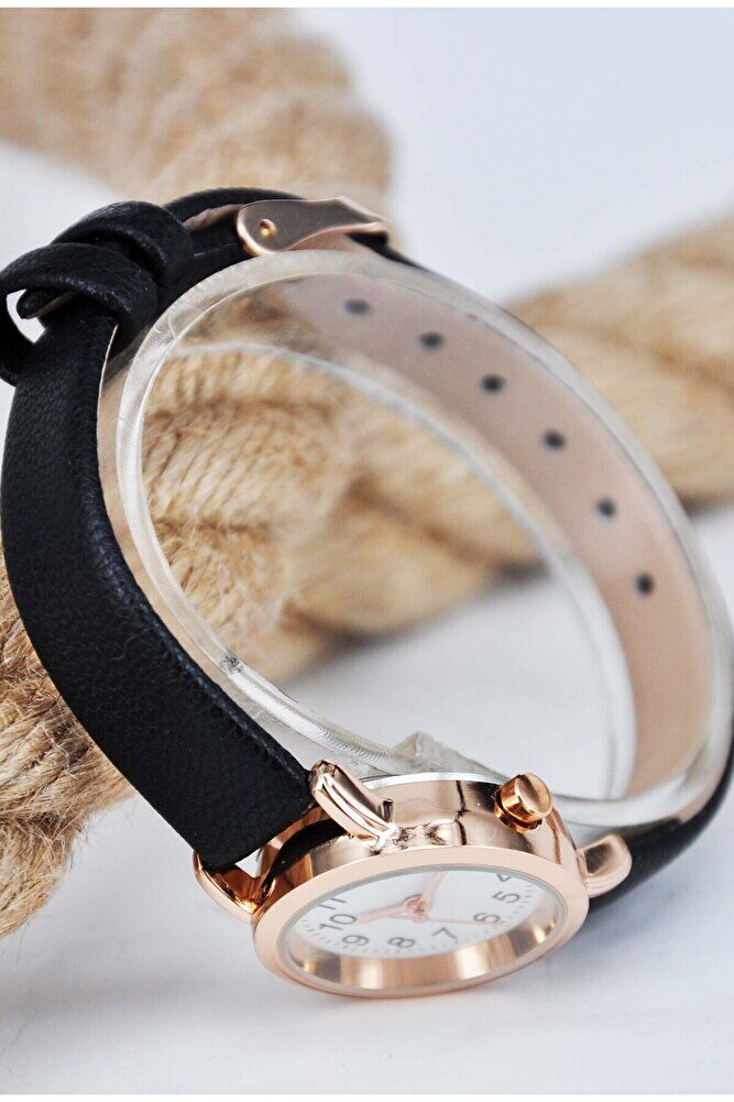 Şık Sade Bakır Renk Kasa Siyah Deri Kordon Klasik Analog Günlük Kadın Kol Saati