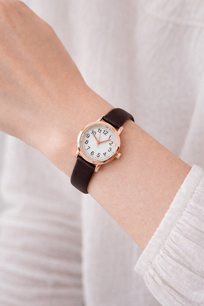 Bakır Renk Kasa Kahverengi Deri Kordon Şık Sade Kadın Klasik Analog Kol Saati