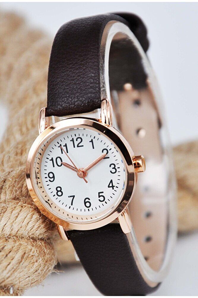 Bakır Renk Kasa Kahverengi Deri Kordon Şık Sade Kadın Klasik Analog Kol Saati