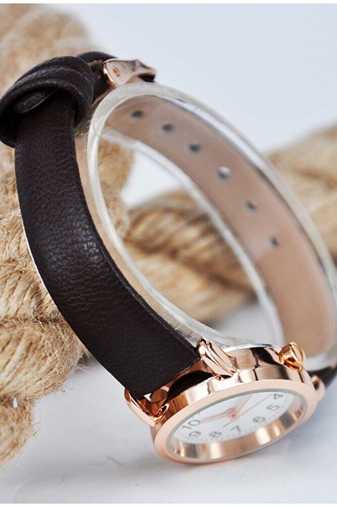 Bakır Renk Kasa Kahverengi Deri Kordon Şık Sade Kadın Klasik Analog Kol Saati