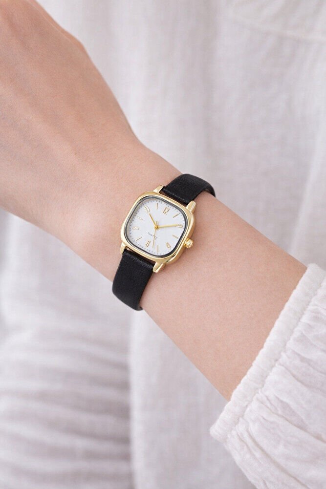 Siyah Deri Kordonlu Gold Renk Kasa Şık Sade Kadın Analog Klasik Şık Günlük Kol Saati