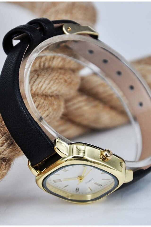 Siyah Deri Kordonlu Gold Renk Kasa Şık Sade Kadın Analog Klasik Şık Günlük Kol Saati