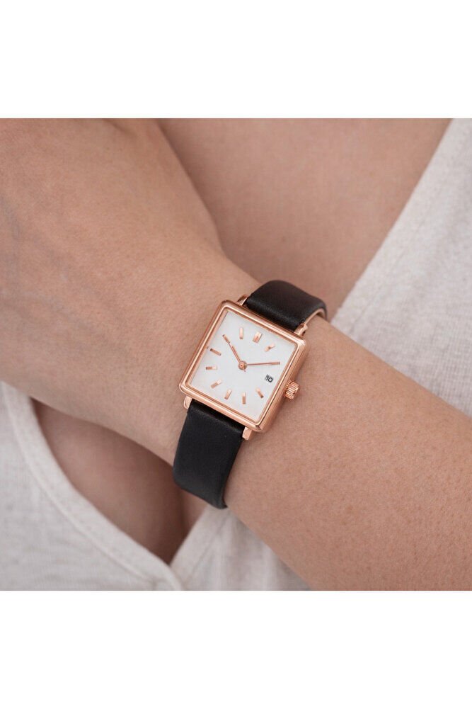Rose Gold Kare Siyah Deri Kordonlu Takvimli Bakır Renk Kasa Analog Genç Kız Kadın Kol Saati