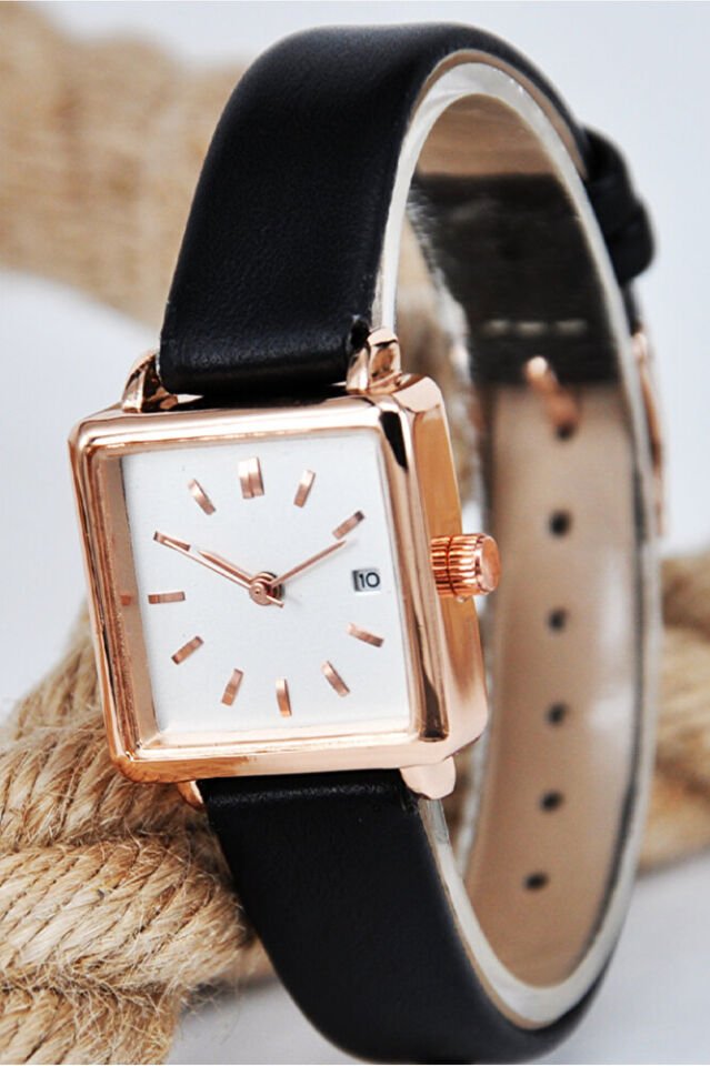 Rose Gold Kare Siyah Deri Kordonlu Takvimli Bakır Renk Kasa Analog Genç Kız Kadın Kol Saati