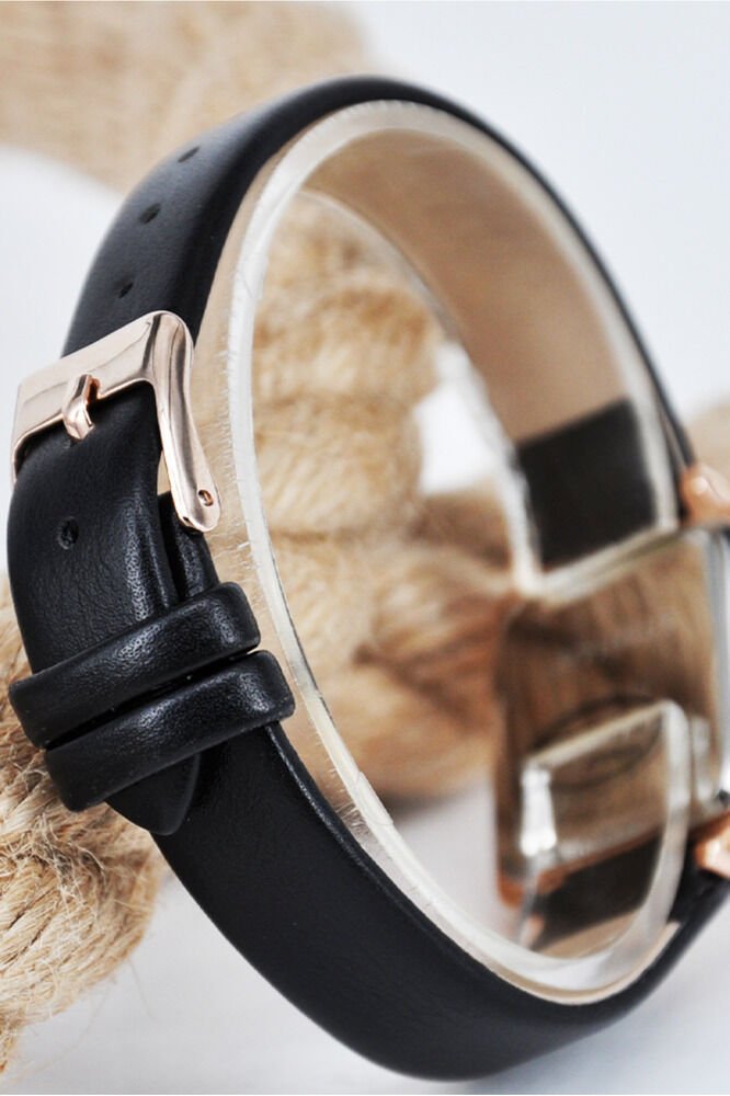 Rose Gold Kare Siyah Deri Kordonlu Takvimli Bakır Renk Kasa Analog Genç Kız Kadın Kol Saati