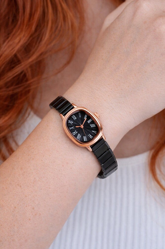 Bakır Renk Oval Kasa Siyah Ayarlanır Kordon Roma Rakam Genç Kız Kadın Şık Zarif Analog Kol Saati