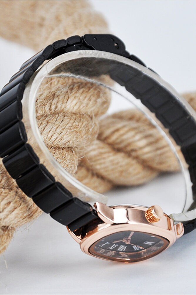 Bakır Renk Oval Kasa Siyah Ayarlanır Kordon Roma Rakam Genç Kız Kadın Şık Zarif Analog Kol Saati