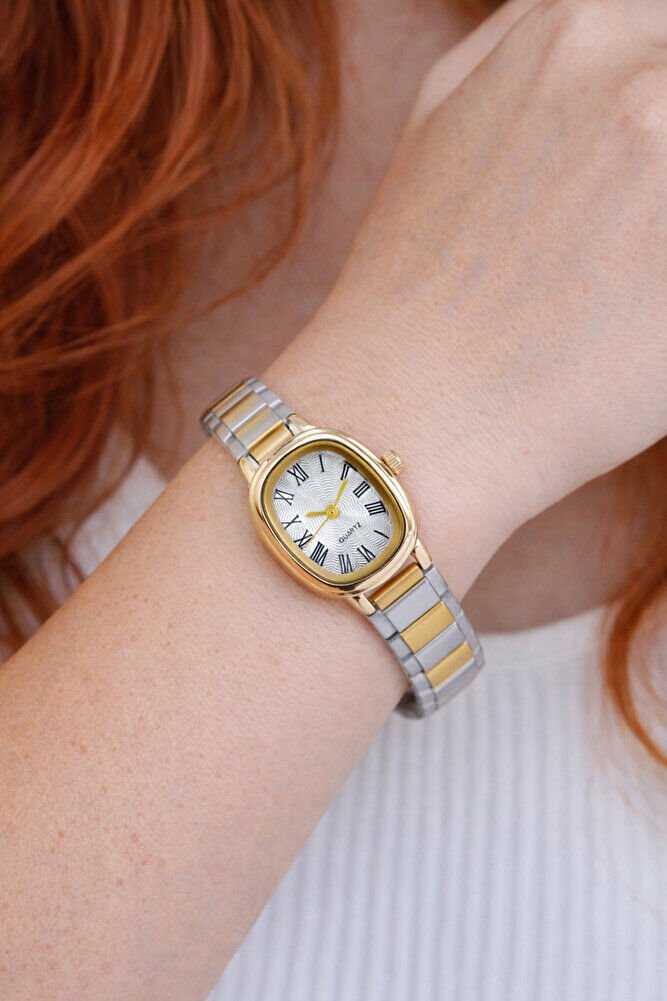 Altın Renk Oval Kasa Gümüş Altın Ayarlanır Kordon Roma Rakam Genç Kız Çift Renk Kadın Kol Saati