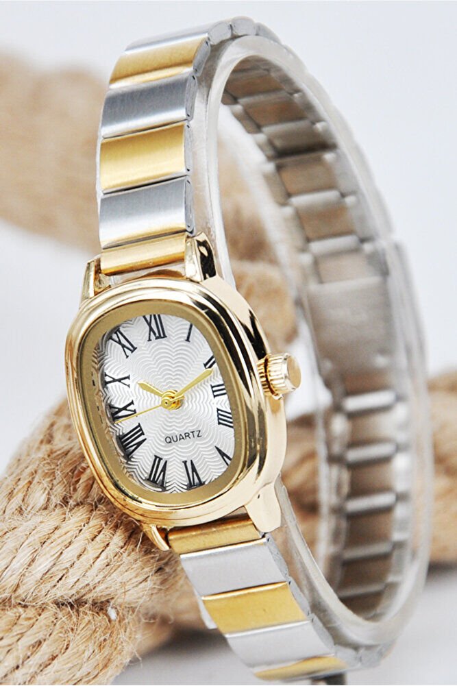 Altın Renk Oval Kasa Gümüş Altın Ayarlanır Kordon Roma Rakam Genç Kız Çift Renk Kadın Kol Saati