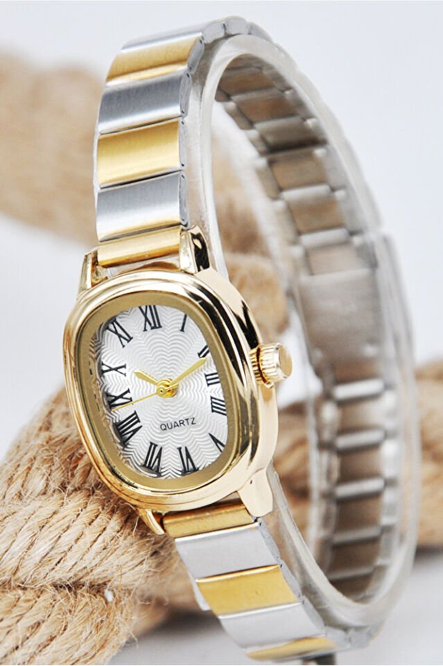 Altın Renk Oval Kasa Gümüş Altın Ayarlanır Kordon Roma Rakam Genç Kız Çift Renk Kadın Kol Saati