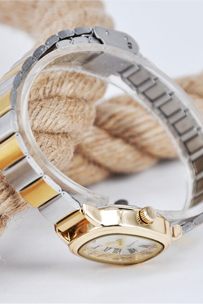Altın Renk Oval Kasa Gümüş Altın Ayarlanır Kordon Roma Rakam Genç Kız Çift Renk Kadın Kol Saati