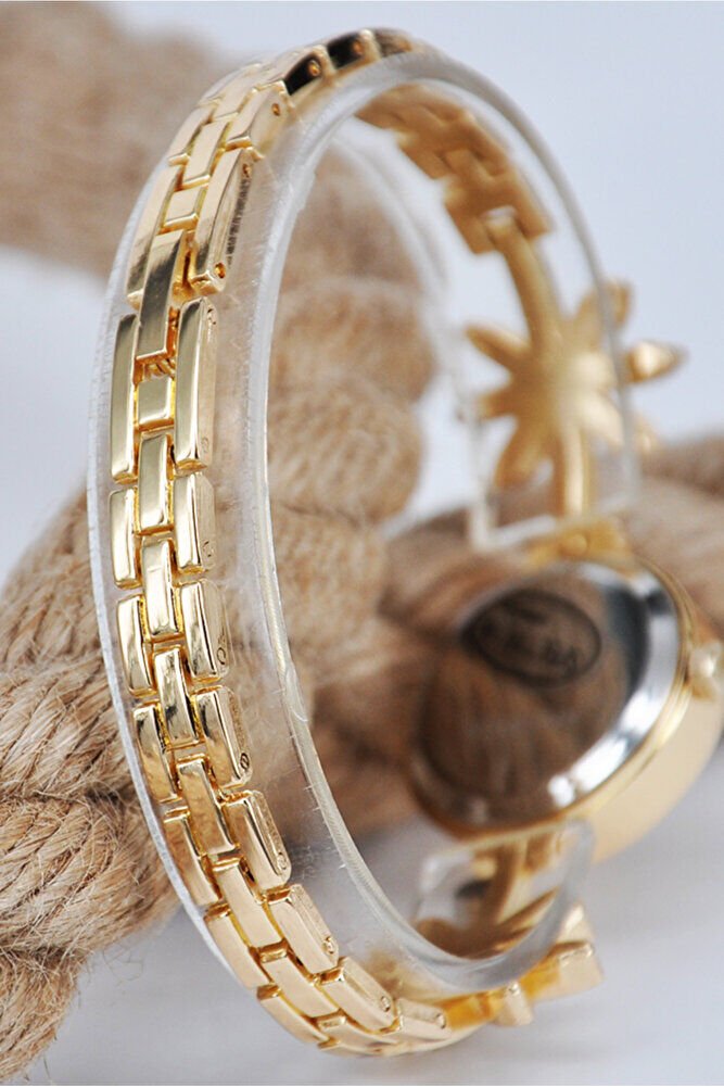 Altın Renk Çiçekli Taşlı Model Şık Genç Kız Kadın Zarif Işıltılı Kol Saati