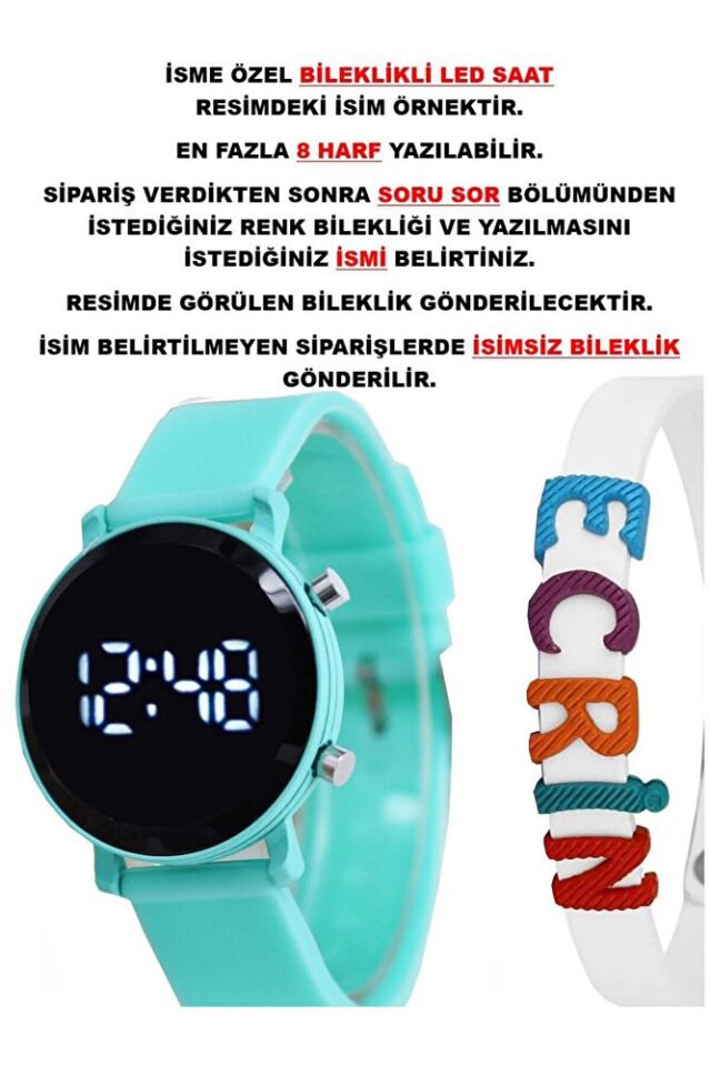 Mint Yeşil Silikon Kordon Yuvarlak Kasa Beyaz İsimli Bileklikli Şirin Tasarım Çocuk Led Saat