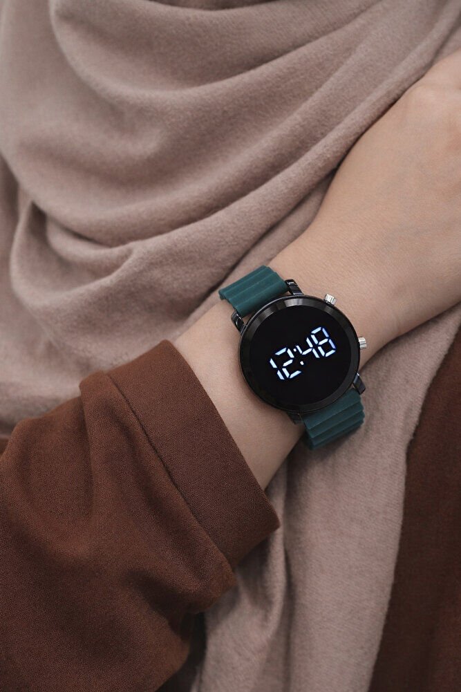Koyu Yeşil Renk Silikon Kordonlu Tuşlu Led Unisex Kol Saati SU-905