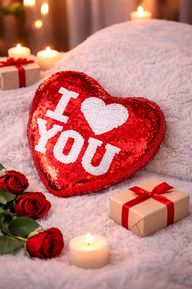 Sevgiliye Eşe Hediye I Love You Yazılı Sihirli Payetli Çift Yön Pullu Yastık 20x19 Cm