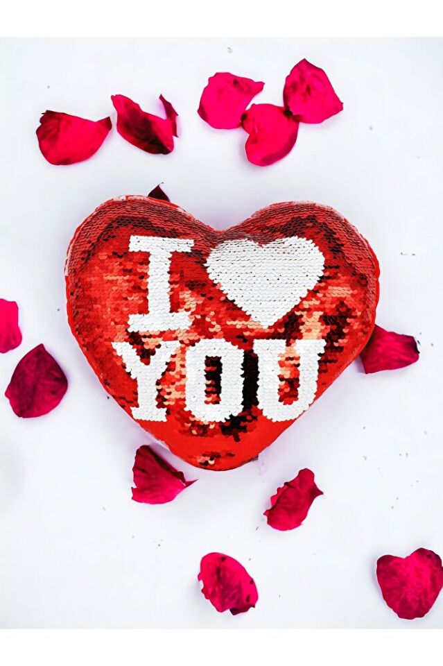Sevgiliye Eşe Hediye I Love You Yazılı Sihirli Payetli Çift Yön Pullu Yastık 20x19 Cm