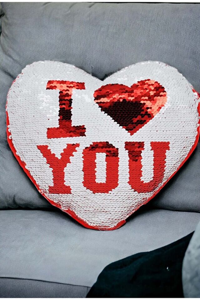 Sevgiliye Eşe Hediye I Love You Yazılı Sihirli Payetli Çift Yön Pullu Yastık 20x19 Cm
