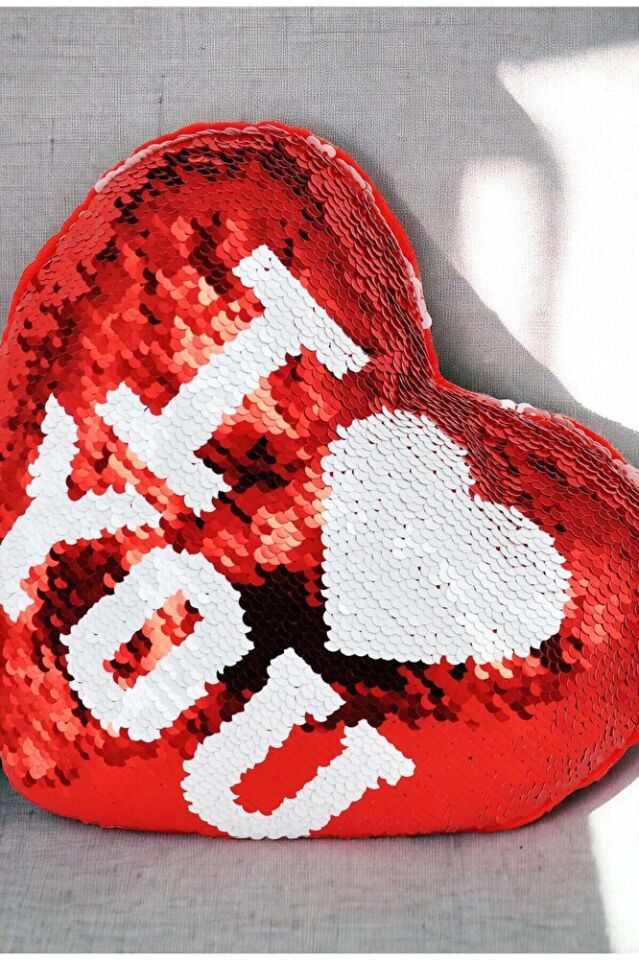 Sevgiliye Eşe Hediye I Love You Yazılı Sihirli Payetli Çift Yön Pullu Yastık 20x19 Cm